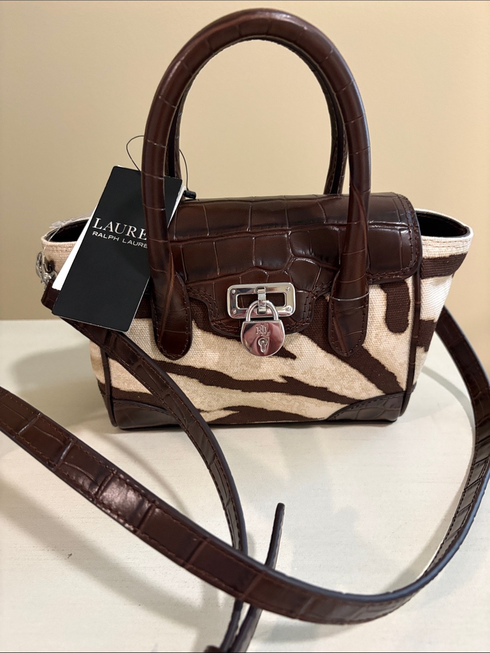 NWT Ralph Lauren Brown and Cream Zebra-Print Canvas Satchel Leather Croc Trim